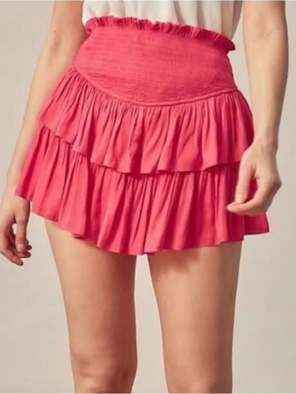 Day + Moon Women’s Tiered Ruffle Mini Skirt in Coral Pink